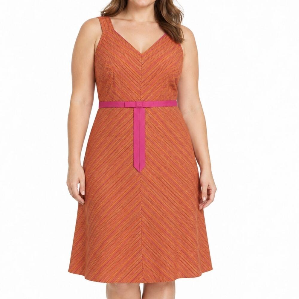 Sigrid Olsen 100% Silk Striped Dress Pink Orange Belted Sleeveless A Line 14